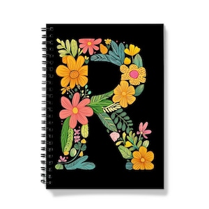 Cuaderno con la letra R / Diseño floral / Encuadernación en espiral / 60 hojas rayadas (120 páginas) / Diario personalizado A5 / Papel de calidad de 90 g/m²