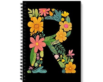 Letter ‘R’ Notebook | Floral Letter R Design | Spiral Bound | 60 Lined sheets (120 Pages) | Personalized A5 Journal | Quality 90gsm Paper