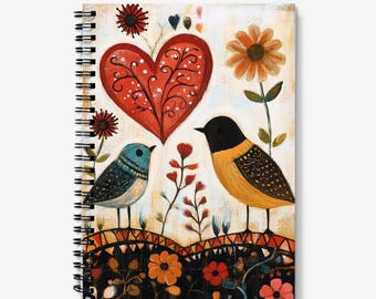 Valentines Day Journal | Love Birds, Heart & Flowers Design | Spiral Bound | 60 Lined sheets (120 Pages) | A5 Journal | Quality 90gsm Paper