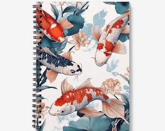 Koi Carp Fish Journal | Lino print style, spiral bound, lined notebook. 60 sheets (120 pages) of 90gsm paper.