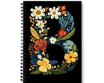 Letter ‘B’ Notebook | Floral Letter B Design | Spiral Bound | 60 Lined sheets (120 Pages) | Personalized A5 Journal | Quality 90gsm Paper
