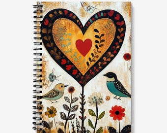 A5 Notebook | Love Birds, Heart & Flowers Design | Spiral Bound | 60 Lined sheets (120 Pages) | A5 Journal with pocket | Quality 90gsm Paper