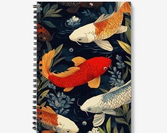 Koi Carp Fish Journal | Lino print style, spiral bound, lined notebook. 60 sheets (120 pages) of 90gsm paper.