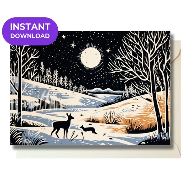 Printable Card - Forest Animals & Moon. Festive, seasonal, Christmas, winter solstice. Instant download to print at home! 6.9" x 4.9" card.