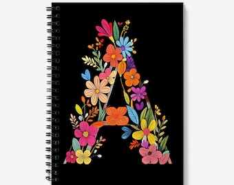 Letter ‘A’ Notebook | Floral Letter A Design | Spiral Bound | 60 Lined sheets (120 Pages) | Personalized A5 Journal | Quality 90gsm Paper