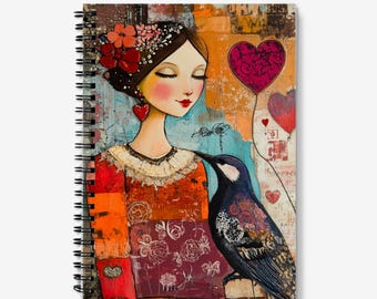 Notebook | Lady, Bird & Heart Design | Spiral Bound | 60 Lined sheets (120 Pages) | A5 Journal | Quality 90gsm Paper