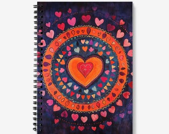 Notebook A5 Journal | Love Hearts Mandala Design | Spiral Bound | 60 Lined sheets (120 Pages) | A5 Journal with pocket | Quality 90gsm Paper