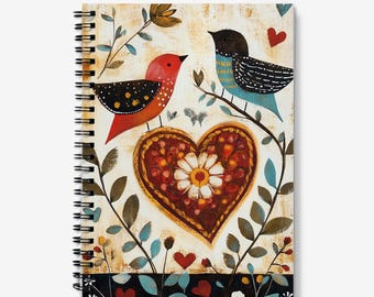 Notebook Valentine Journal | Love Birds, Heart & Flowers | Spiral Bound | 60 Lined sheets (120 Pages) | A5 Journal | Quality 90gsm Paper