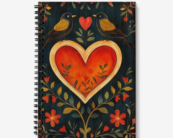 Pretty Journal | Love Birds, Heart & Flowers Design | Spiral Bound | 60 Lined sheets (120 Pages) | A5 Notebook | Quality 90gsm Paper