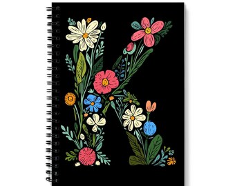 Letter ‘K’ Notebook | Floral Letter K Design | Spiral Bound | 60 Lined sheets (120 Pages) | Personalized A5 Journal | Quality 90gsm Paper