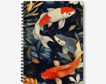 Koi Carp Fish Journal | Lino print style, spiral bound, lined notebook. 60 sheets (120 pages) of 90gsm paper.