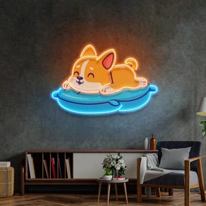 Adorable letrero de neón de Corgi durmiendo, luz LED de pared, linda decoración de perro para habitación de niños, amantes de las mascotas, hogar acogedor, idea de regalo única para amantes de los perros
