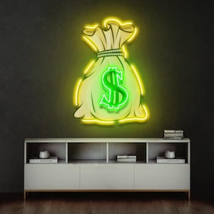 Insegna al neon a forma di sacco per soldi, LED, luce gialla e verde, decorazione per ufficio, studio, sala giochi, negozio, regalo unico per imprenditori.