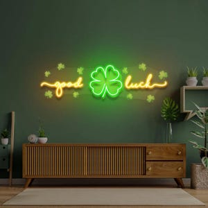 Letrero de neón de buena suerte, luz LED verde de pared para hogar, oficina y bar, decoración irlandesa, luz de neón de trébol de cuatro hojas, idea de regalo única.