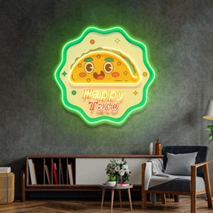 Happy Taco Neon Sign Mexican Restaurant Wall Decor Fun LED Light for Kitchen, Taco Tuesday, Food Truck, Bar Unique Gift Idea