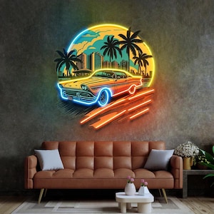 Retro Car Neon Sign LED Wall Light Palm Trees Sunset Beach Vibes Decor for Garage, Lounge, Game Room Unique Gift for Car Lovers