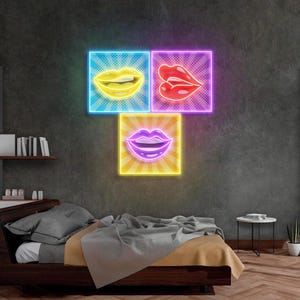 Pop Art Lips Neon Sign Trio Colorful LED Wall Art for Bedroom Salon or Vanity Decor Sexy Lips Neon Light Aesthetic Room Sign