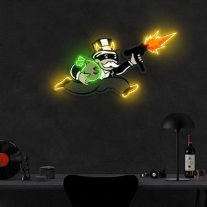Insegna al neon Gangster Monopoly con borsa per soldi e pistola, decorazione da parete a LED, decorazione audace per caverna dell'uomo, bar, sala giochi, regalo unico per papà