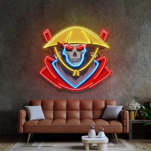 Samurai Skull Neon Sign LED Wall Light Gaming Setup Anime Lover Man Cave Decor Custom Personalized Wall Light