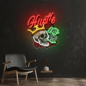 Skull Hustle Neon Sign LED Wall Light King Crown Money Urban Decor for Man Cave, Game Room, Office Unique Gift for Hustlers