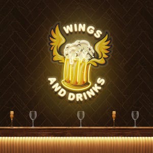 Wings and drinks neon sign beer mug led wall light for bar pub taproom or man cave decor perfect for lively social spaces