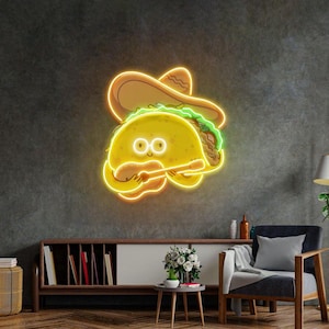 Funny Taco Neon Sign Sombrero Mexican Food Wall Decor LED Light for Kitchen, Restaurant Taco Tuesday Vibes Unique Fiesta Gift