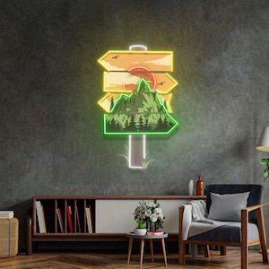 Insegna al neon "Avventura", decorazione da parete a LED per amanti della natura, escursionisti, baita, luce a tema per esterni, decorazione da parete rustica