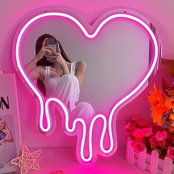 Enseigne miroir néon à LED coeur | Enseigne néon miroir maquillage Melting Heart | Néon coeur personnalisé | Enseigne Néon Pour Chambre | Salon|