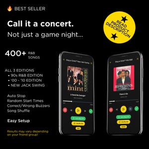 Op de afbeelding: Twee smartphones tonen een muziek-app-interface met albumhoezen en afspeelbedieningen. De app biedt R&B-nummers, met opties voor automatisch stoppen, willekeurige starttijden en shuffle. De tekst luidt "Call it a concert. Not just a game night..."