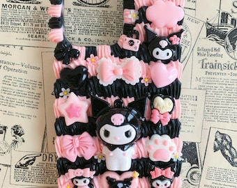 Kawaii mignons Decoden coques de téléphone pour tous les modèles, coques de téléphone personnalisées faites main, colle crème fouettée, noir et rose