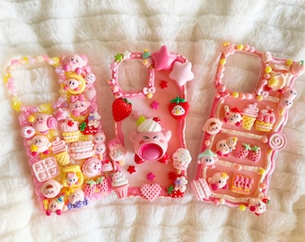 Kawaii Cute Decoden Phone Cases for All Models, Yellow and Pink Handmade Phone Cases, Cream Glue