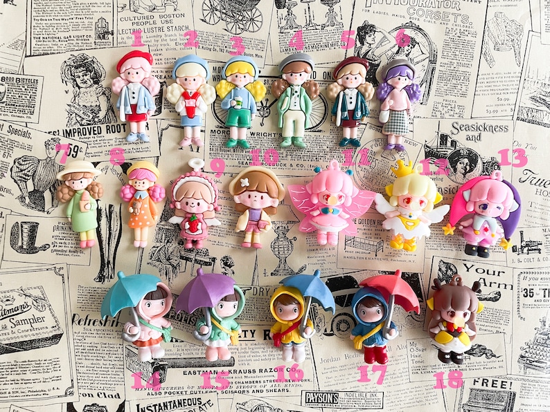 Pu&ograve; includere: Assortimento di ciondoli in resina colorati e fatti a mano, con vari personaggi, tra cui ragazze con ombrelli, fate e angeli. I ciondoli sono perfetti per aggiungere un tocco fantasioso a gioielli, portachiavi o altri lavoretti.