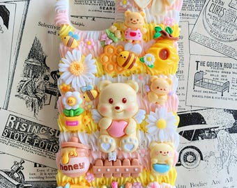 Kawaii Cute Bear Decoden Phone Cases for All Models, Pink, Yellow and White Handmade Custom Phone Cases, Cream Glue
