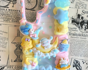 Kawaii Animal on the Moon Decoden Phone Case: Custom Handmade Cream Glue Design