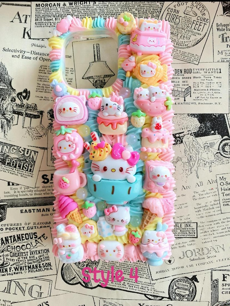 Kawaii Kitty Decoden Phone Case, Handmade Custom Charm Cases Style 4