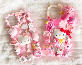 Kawaii Kitty Decoden Phone Cases for All Models, Handmade Custom Phone Cases, White and Pink Phone cases, Gifts for Her, Whipped Cream Glue