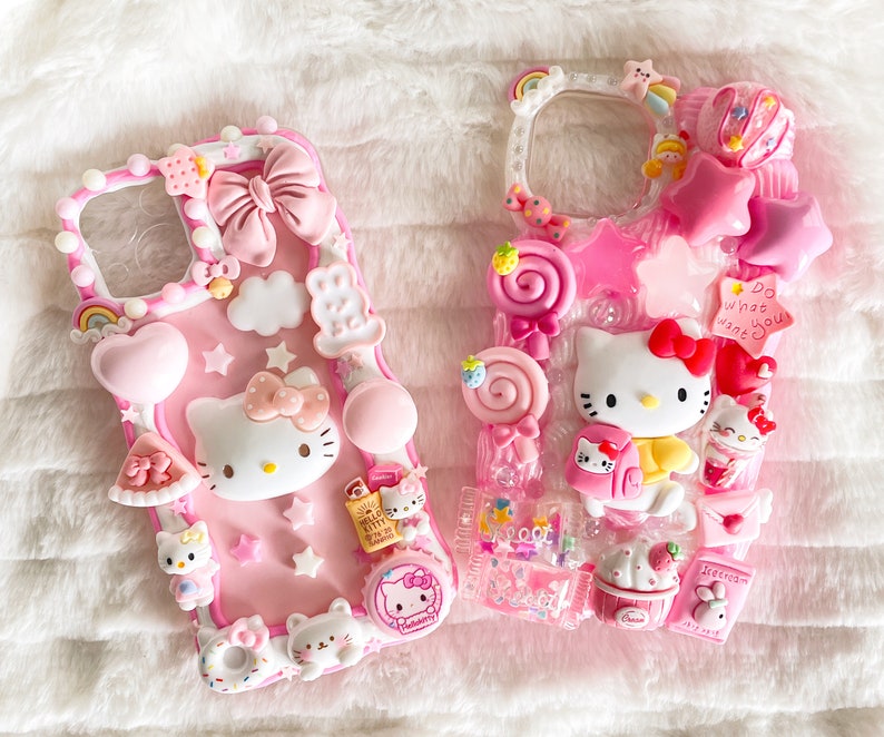 Kawaii Kitty Decoden Phone Cases for All Models, Handmade Custom Phone Cases, White and Pink Phone cases, Gifts for Her, Whipped Cream Glue image 1