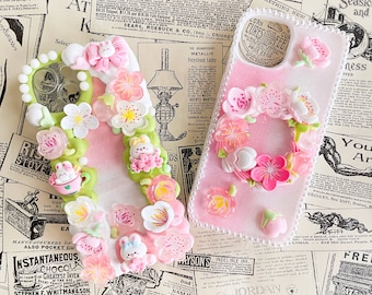 Sakura Cherry Blossom Decoden Phone Case, Handmade Custom Pink & Green