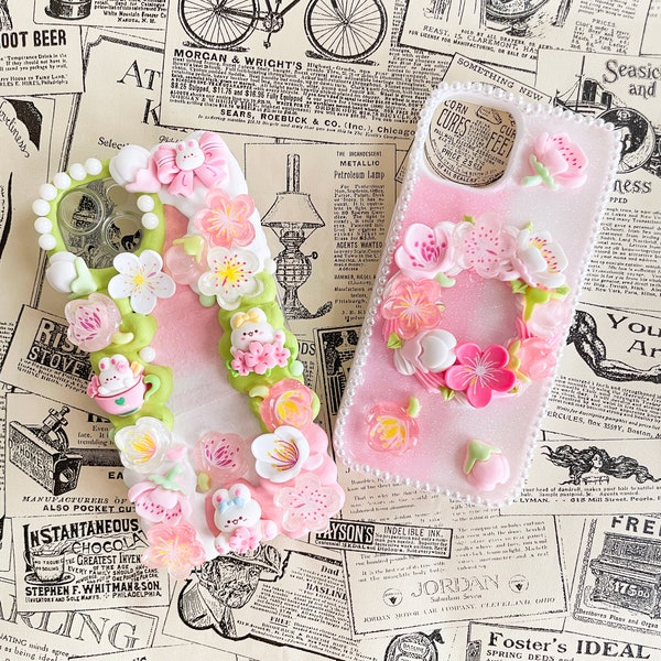 Sakura Cherry Blossom Decoden Phone Cases for All Models, Pink and Green Handmade Custom Phone Cases, Cream Glue, Summer and Spring