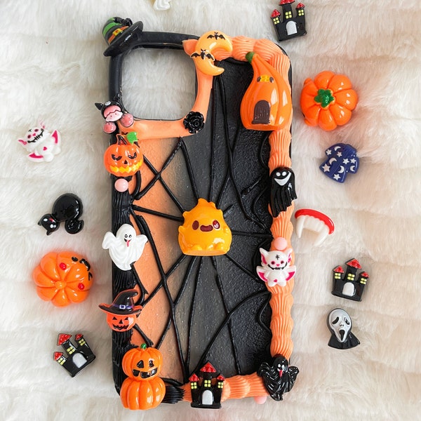 Halloween Gothic Decoden Phone Cases for All Models, Black and Orange Handmade Phone Cases, Cream Glue