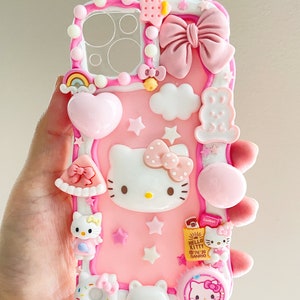 Kawaii Kitty Decoden Phone Cases for All Models, Handmade Custom Phone Cases, White and Pink Phone cases, Gifts for Her, Whipped Cream Glue Style 1
