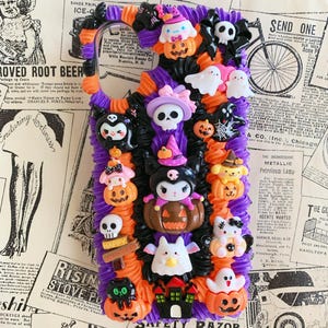 Halloween Gothic Decoden Coques de portable pour tous les modèles, Noir, violet et orange fait main, Colle crème
