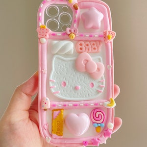 Kawaii Kitty Decoden Phone Cases for All Models, Handmade Custom Phone Cases, White and Pink Phone cases, Gifts for Her, Whipped Cream Glue Style 3