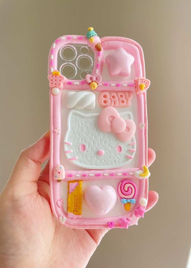 Kawaii Kitty Decoden Phone Cases for All Models, Handmade Custom Phone Cases, White and Pink Phone cases, Gifts for Her, Whipped Cream Glue Style 3