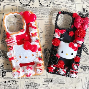 Kawaii Kitty Decoden Phone Cases for All Models, Handmade Custom Phone Cases, White Black Red Phone cases, Gifts for Her, Whipped Cream Glue