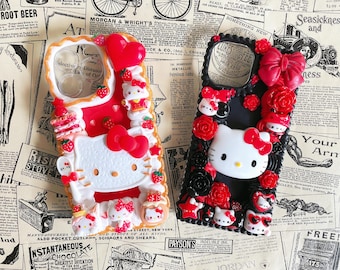 Kawaii Kitty Decoden Phone Cases for All Models, Handmade Custom Phone Cases, White Black Red Phone cases, Gifts for Her, Whipped Cream Glue