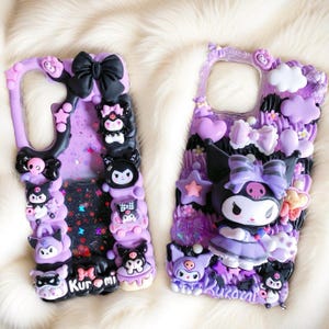 Kawaii Kuku Decoden Phone Case, Custom Handmade, Black & Purple