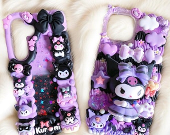 Kawaii Kuku Decoden Phone Case, Custom Handmade, Black & Purple