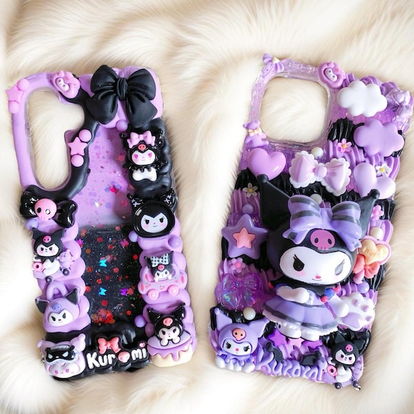 Kawaii Kuku Decoden Phone Case, Custom Handmade, Black & Purple