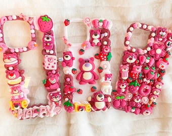 Pink Bear Kawaii Cute Decoden Phone Cases for All Models, Red and Pink Handmade Phone Cases, Cream Glue